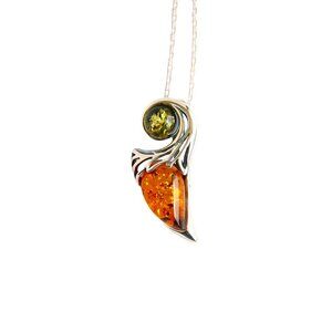 Baltic Amber Necklace in Sterling Silver – Cognac & Green Amber Pendant
